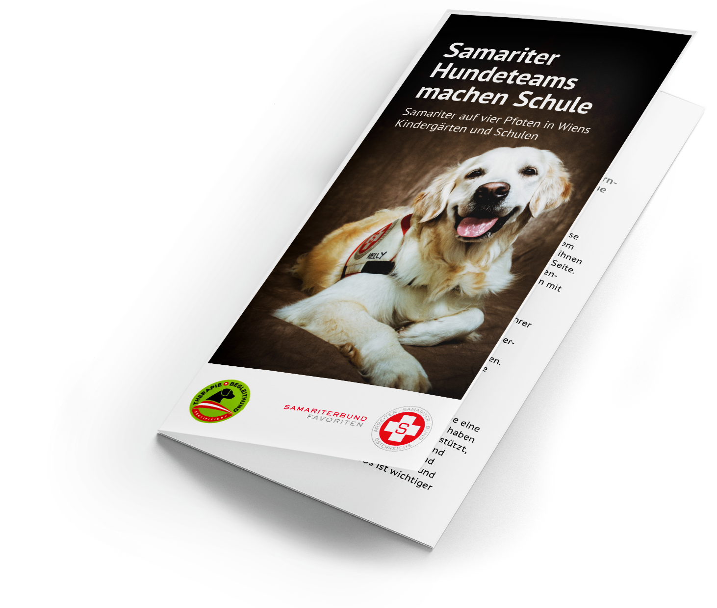 Auf einem Folder ist ein Hund der Samariter Hundeteams abgebildet.