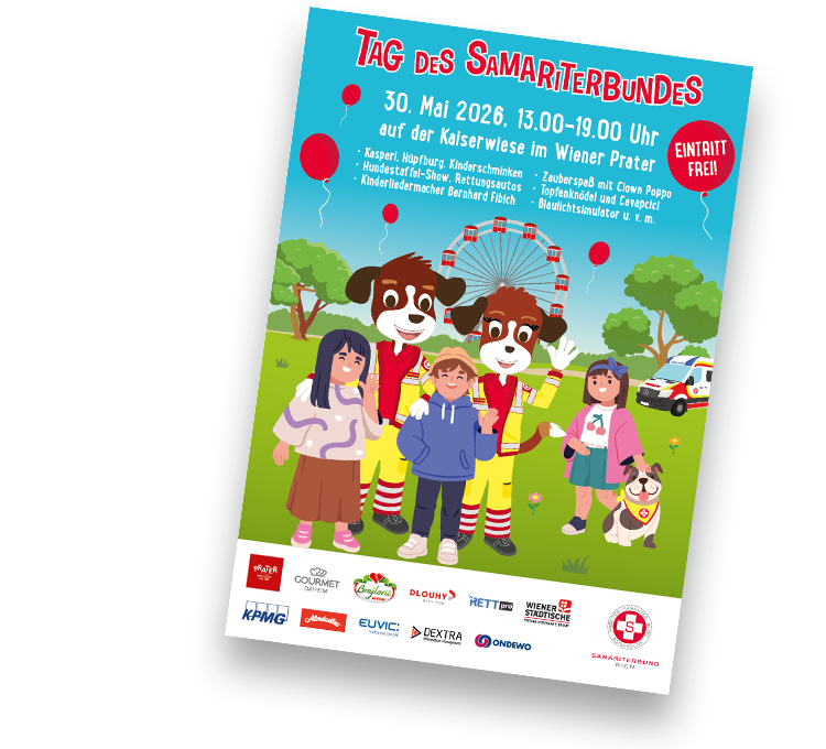 Plakat zum „Tag des Samariterbundes“ mit bunten Zeichnungen. Zwei freundliche kostümierte Hunde stehen neben Kindern in einem Park mit Luftballons. Im Hintergrund sind ein Riesenrad und ein Rettungswagen zu sehen. Datum und Uhrzeit sind angegeben, Eintritt ist kostenlos.