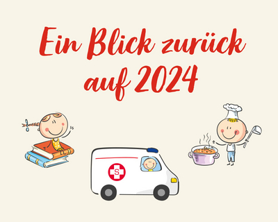 Drei Illustrationen von Kind auf Büchern, Rettungsauto und Mann mit Kochhaube und Schöpflöffel vor Kochtopf und Schrift: Ein Blick zurück auf 2024