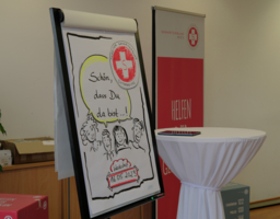 Flipchart mit Informationen zum Nachhaltigkeitsworkshop, Roll-Up Samariterbund Wien