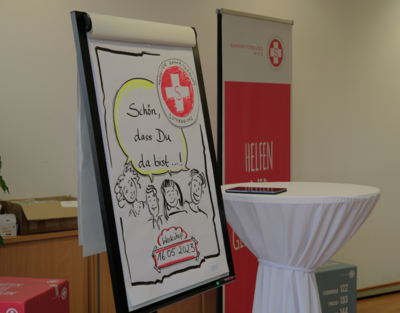 Flipchart mit Informationen zum Nachhaltigkeitsworkshop, Roll-Up Samariterbund Wien