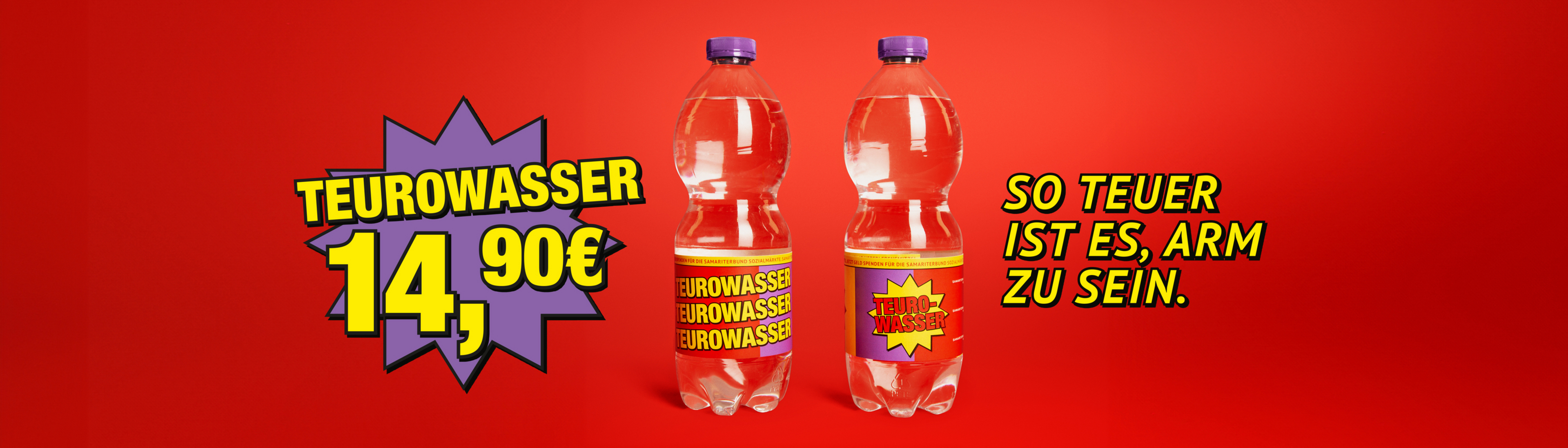 Zwei Wasserflaschen mit dem Preis von 14,90 € und kritischer Botschaft.