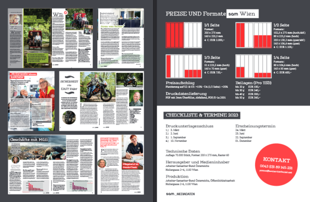 Informationspdf zu den Mediadaten des sam Wiens, Preise und Formate inklusive Ansichten voriger Ausgaben