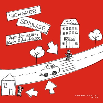 Illustration Schulweg mit Straße, Häusern, Menschen und Autos