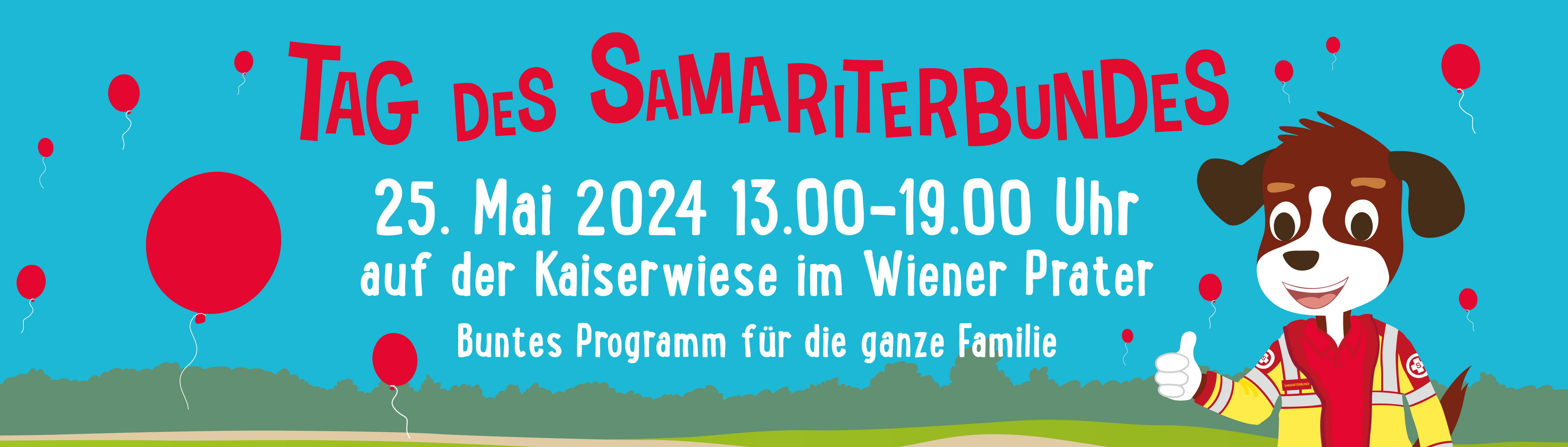 Tag des Samariterbundes - alle Details zur Veranstaltung auf blauem Hintergrund mit Luftballon und Hund Sam