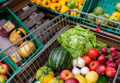 Ansicht in Einkaufswagerl mit Obst und Gemüse, Melone, Salatkopf, Äpfel, Knoblauch, im Hintergrund grüne Kisten mit Paprika und anderem Obst