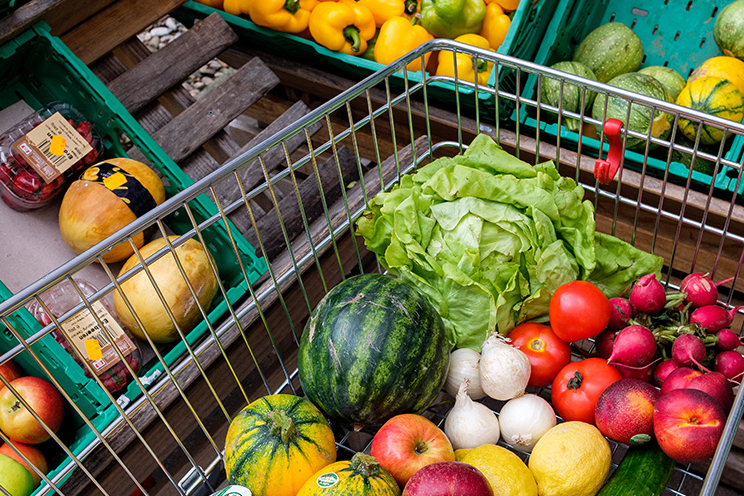 Sozialmarkt - Vogelperspektive von Obst und Gemüse in Einkaufswagen und Regal