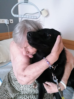 Eine ältere Frau umarmt liebevoll ihren schwarzen Hund.