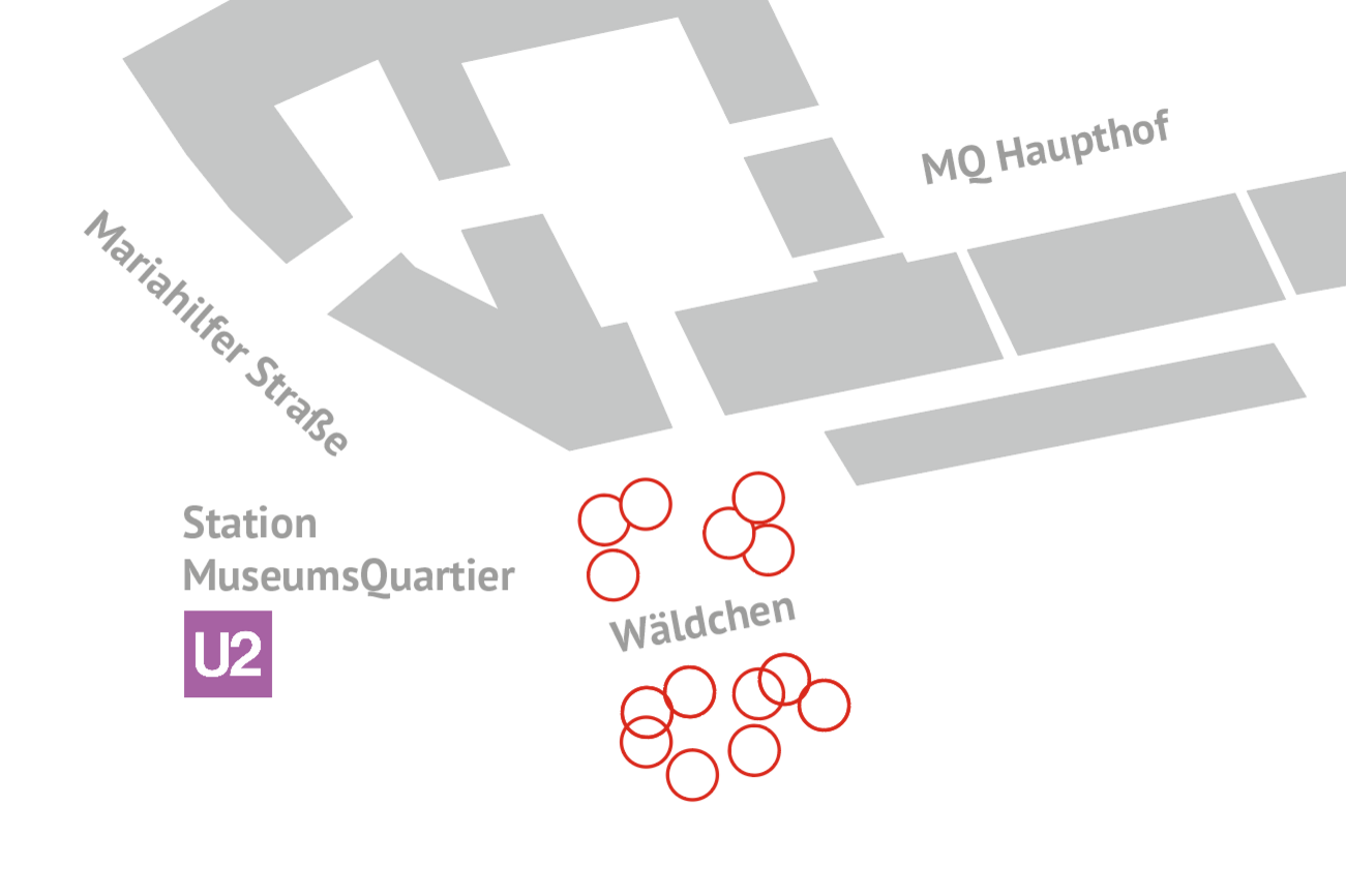 Stadtplan mit der U-Bahn-Station MuseumsQuartier und nahegelegenem Wäldchen.