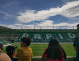 Einige Kinder sitzen im Allianz Stadion und schauen auf das Feld hinab.