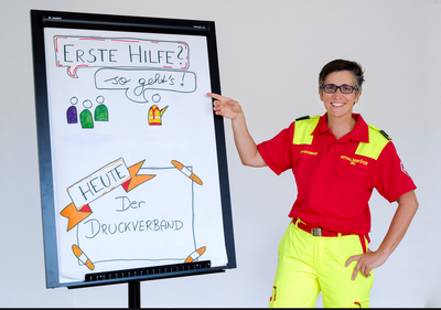 Eine Samariterbund Wien Mitarbeiterin hält eine Präsentation am Flipchart