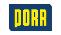 Logo der Firma PORR in gelber Schrift auf blauem Hintergrund.