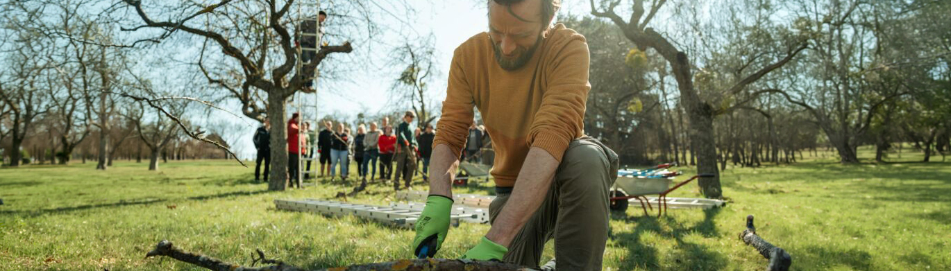 Ein Mann mit Handschuhen schneidet Äste in einem Park, während eine Gruppe von Menschen im Hintergrund an einem Gemeinschaftsprojekt teilnimmt. Der Himmel ist klar und die Bäume sind kahl, was auf einen frühen Frühling hindeutet.