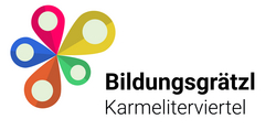 Logo des Bildungsgrätzl Karmeliterviertel mit bunten, runden Elementen.