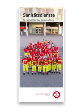 Cover von Folder mit Gruppenbild Rettungsanitäter:innen in Uniform