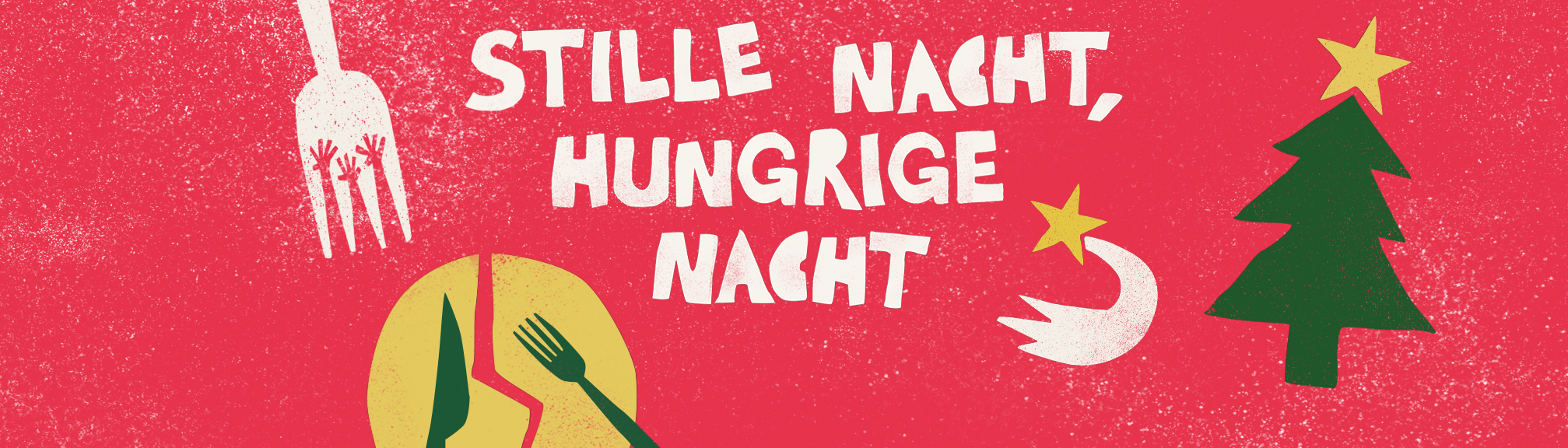 Text mit dem Titel „Stille Nacht, hungrige Nacht“, umgeben von festlichen Symbolen.