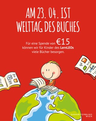 Illustration mit Maxl auf Weltkugel, liest Buch und weitere Bücher schweben rundherum, roter Hintergrund, weiße Schrift mit Info zum Welttag des Buches