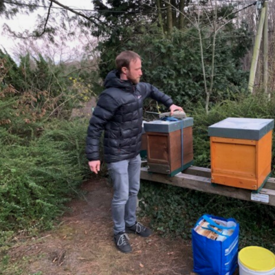 Imker nicht in Schutzausrüstung, zwei Bienenstöcke, einen davon hält er in der Hand, sind nicht geöffnet, stehen auf Holzbank, dahinter Gebüsche und Bäume