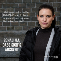 Porträt Conny Kreuter vor Steinmauer, Zitat und Slogan: Schau ma, dass sich's ausgeht