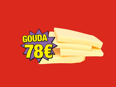 Auf einem roten Hintergrund sind ein paar Scheiben Gouda mit der Aufschrift 78 € , rechts daneben steht: „So teuer ist es arm zu sein.“