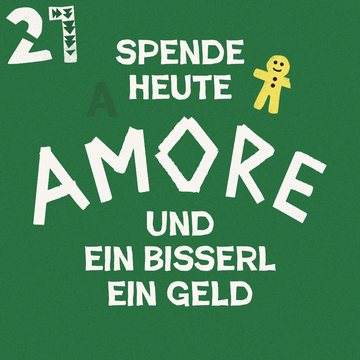 Geöffnetes Türchen Armventkalender mit dem Spruch „Spende heute Amore und ein bisserl ein Geld“