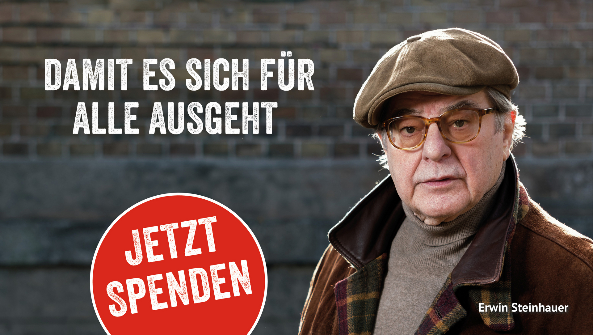 Ein Mann fordert zum Spenden auf, damit es für alle reicht.