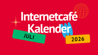 Kalender des Internetcafés ZwischenSchritt für Juli 2026. Termine: FLINTA*ZEIT am 13. von 10:00 bis 12:00 Uhr, Digi Workshop am 20. von 10:00 bis 12:00 Uhr, Kreativwerkstatt am 29. von 11:00 bis 13:00 Uhr. Kontaktinformationen am unteren Rand.