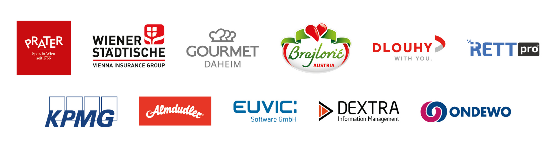 Logos verschiedener Unternehmen, darunter KPMG und Prater.