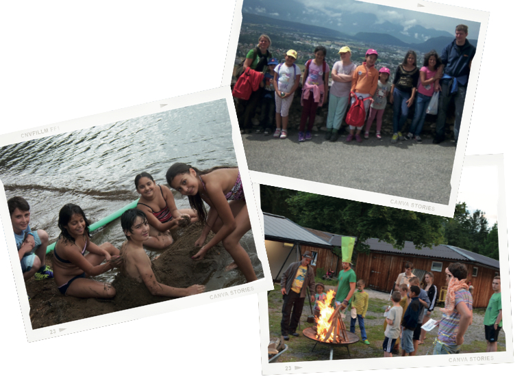 Polaroid-Bilder von Kindern beim Wandern, am Strand und beim Lagerfeuer